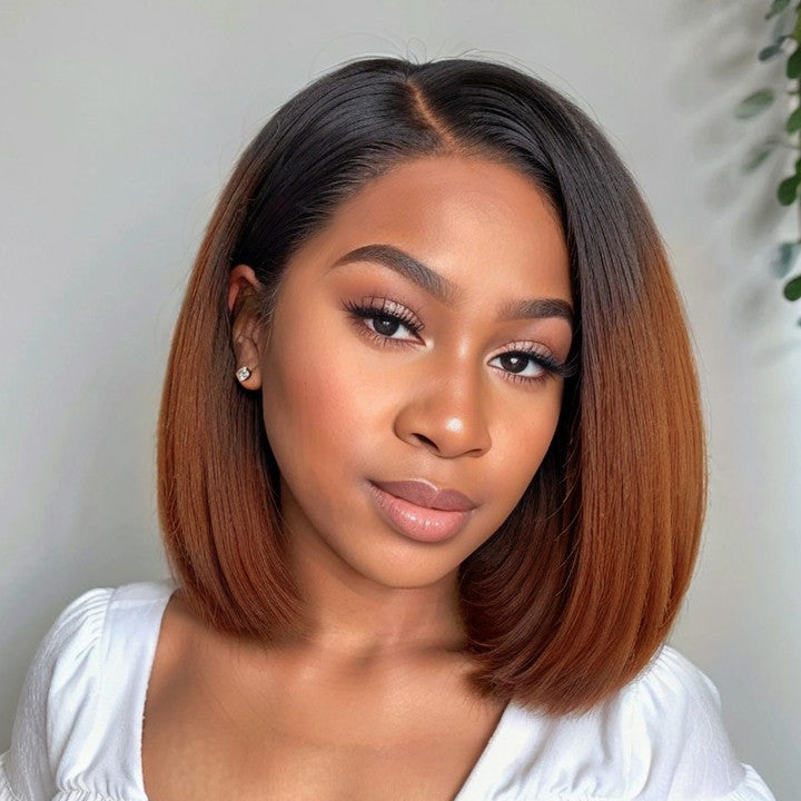 Put On & Go | 5x5 Kinky Edges Ombre Brown Kinky Straight Bob Lace Wig 100% Human Hair