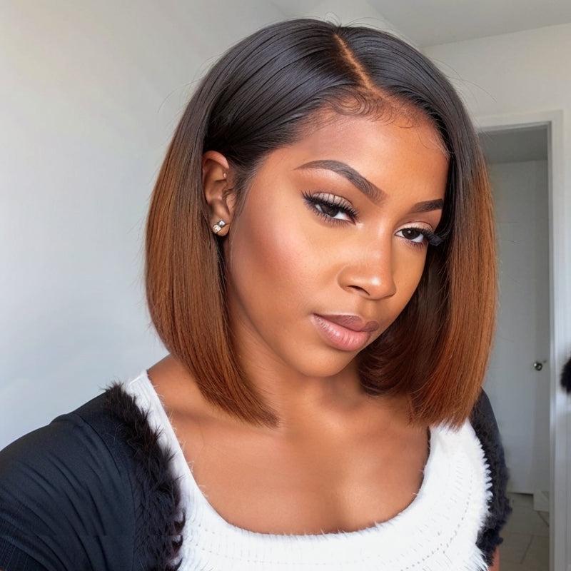 Put On & Go | 5x5 Kinky Edges Ombre Brown Kinky Straight Bob Lace Wig 100% Human Hair