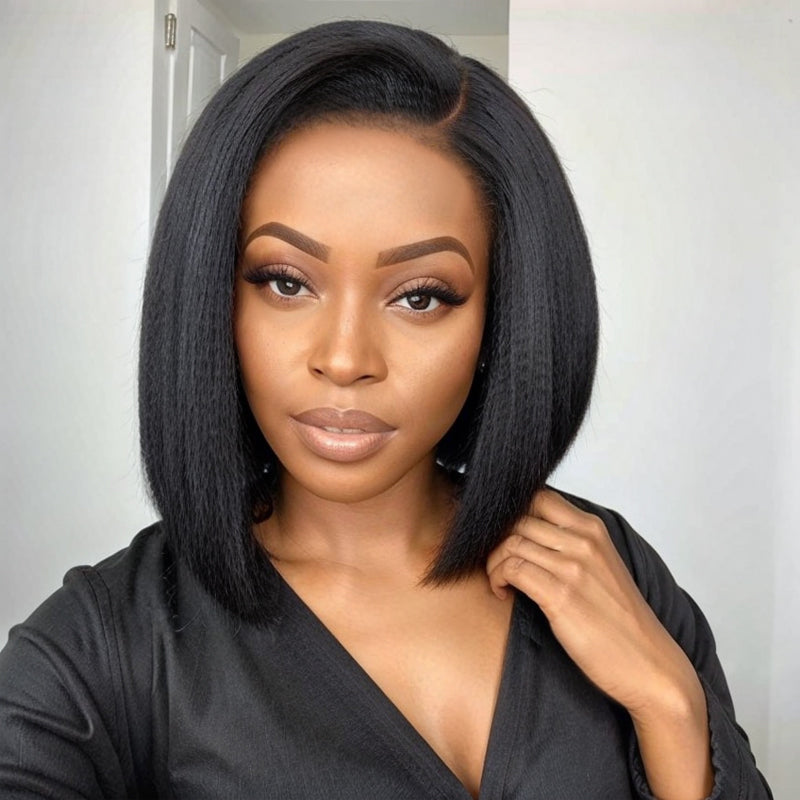 Put On & Go | Glueless 5x5 Kinky Straight 4C Edges HD Lace Short Bob Wig 100% Human Hair