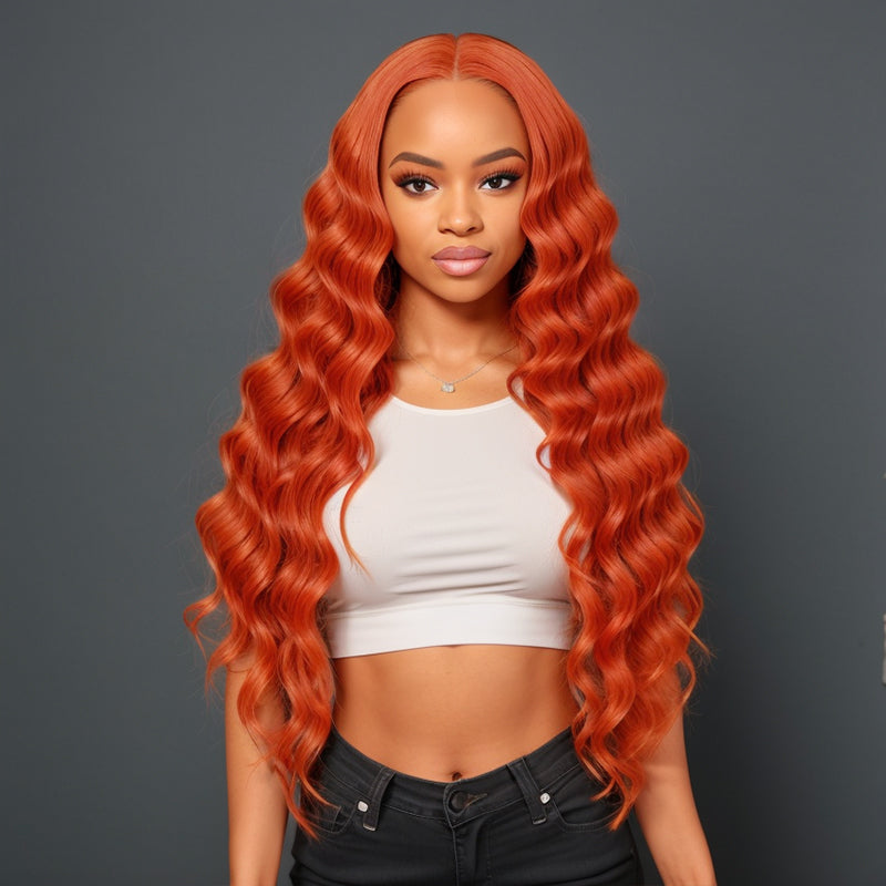 Put On & Go |  Glueless 5x5 Closure Lace Orange Ginger Color Body Wave Human Hair Wig