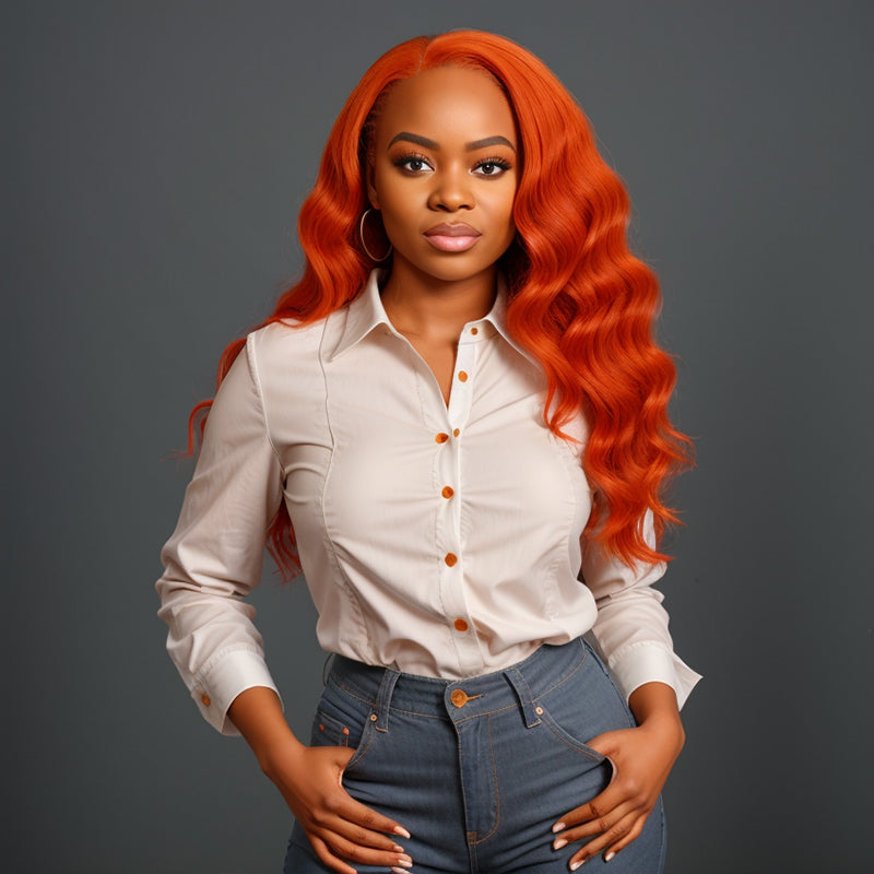 Put On & Go |  Glueless 5x5 Closure Lace Orange Ginger Color Body Wave Human Hair Wig