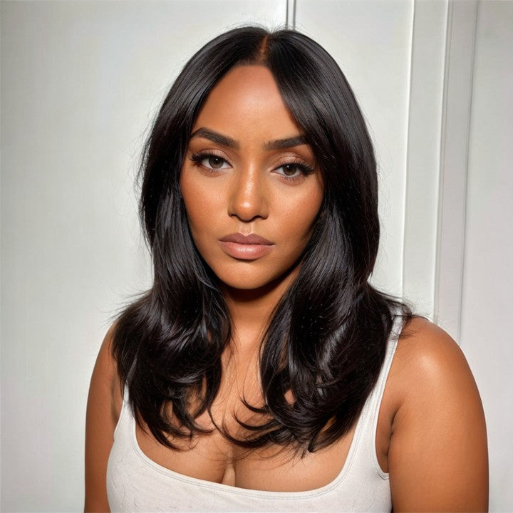 Put On & Go | Layered Natural Wavy Curtain Bangs Human Hair 5x5 Lace Closure Wig 100% Human Hair