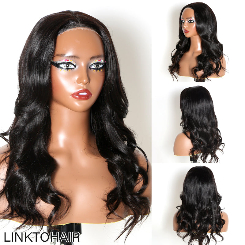 Put On & Go | Layered Natural Wavy Curtain Bangs Human Hair 5x5 Lace Closure Wig 100% Human Hair