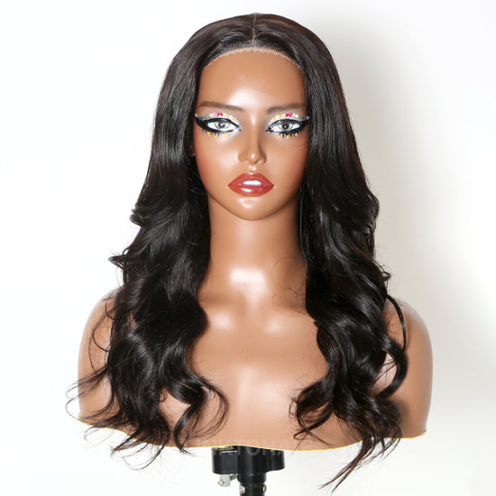 Put On & Go | Layered Natural Wavy Curtain Bangs Human Hair 5x5 Lace Closure Wig 100% Human Hair
