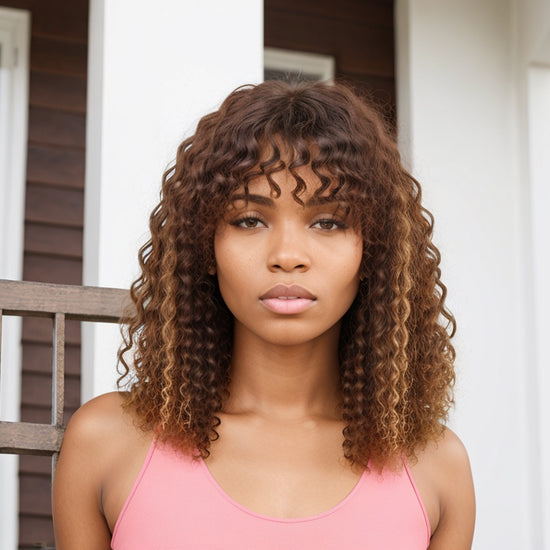 Linktohair Honey Brown Highlight Colored Deep Curly Bob Wigs Human Hair Wig With Bangs