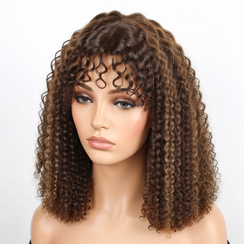 Linktohair Honey Brown Highlight Colored Deep Curly Bob Wigs Human Hair Wig With Bangs