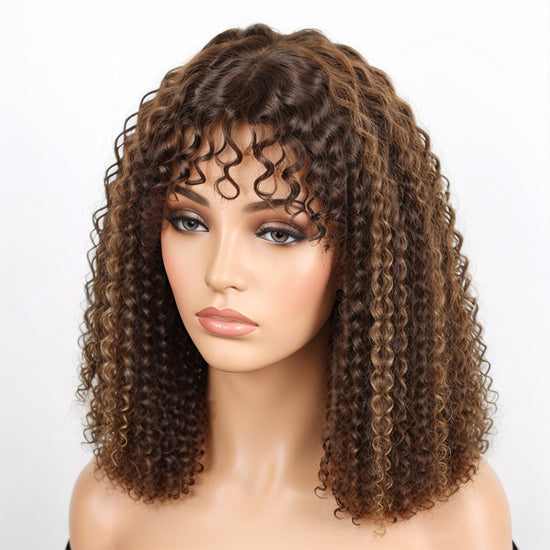 Linktohair Honey Brown Highlight Colored Deep Curly Bob Wigs Human Hair Wig With Bangs