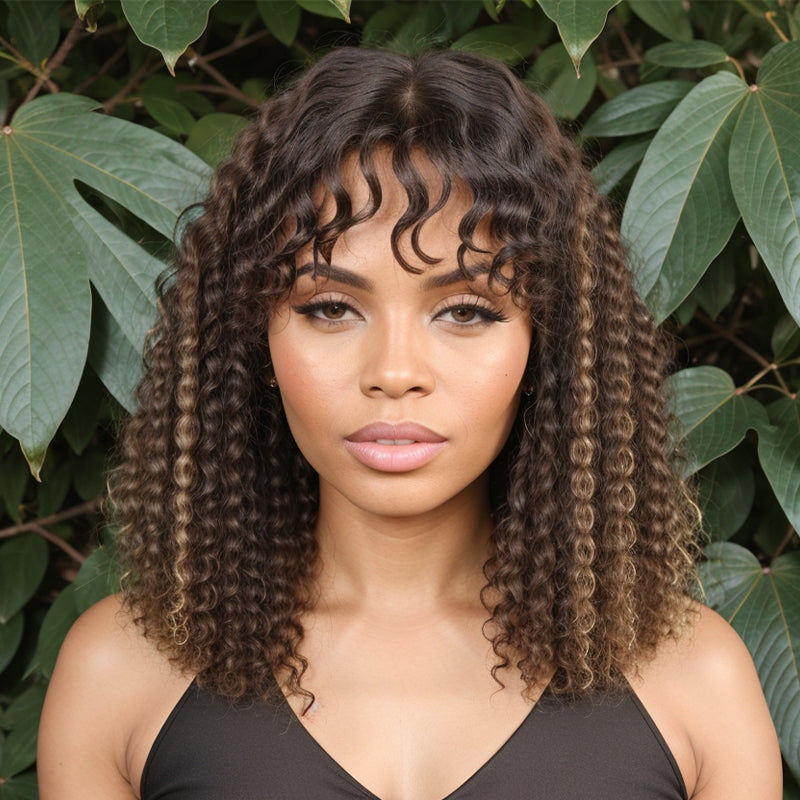Linktohair Honey Brown Highlight Colored Deep Curly Bob Wigs Human Hair Wig With Bangs