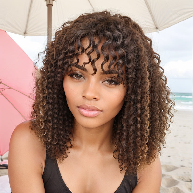 Linktohair Honey Brown Highlight Colored Deep Curly Bob Wigs Human Hair Wig With Bangs