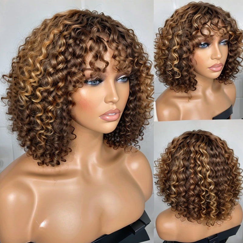 Put On & Go | Mixed Brown 5x5 HD Lace Curly Bob Wig with Bangs 100% Human Hair