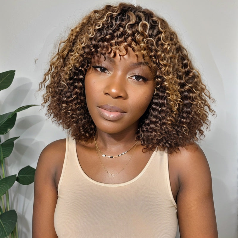 Load image into Gallery viewer, Wear &amp;amp; Go | Mixed Brown 5x5 HD Lace Curly Bob Wig with Bangs 100% Human Hair
