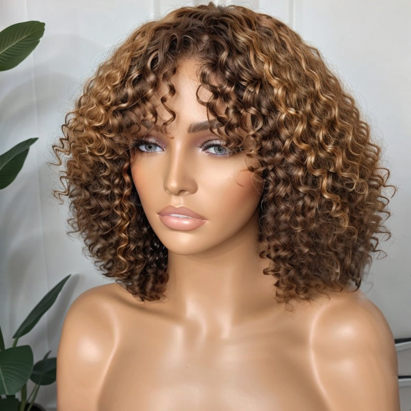 Put On & Go | Mixed Brown 5x5 HD Lace Curly Bob Wig with Bangs 100% Human Hair
