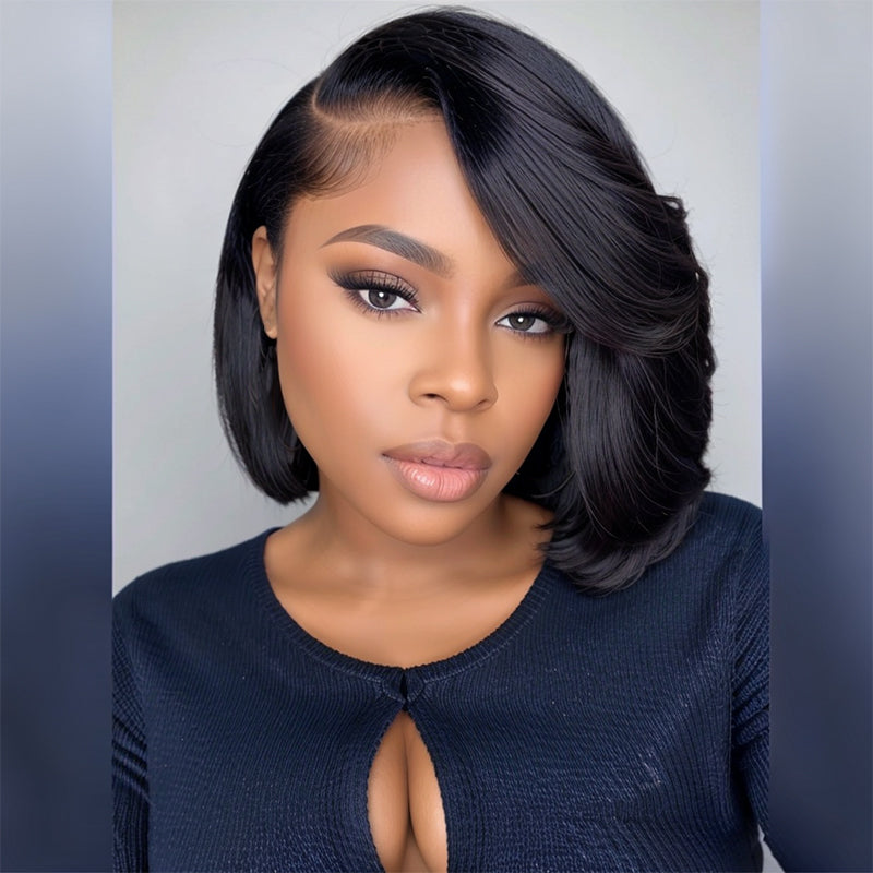 Wear & Go | Short Glueless 3D Cap Straight Bob 5X5 HD Lace Closure Side Part Wig With Bangs