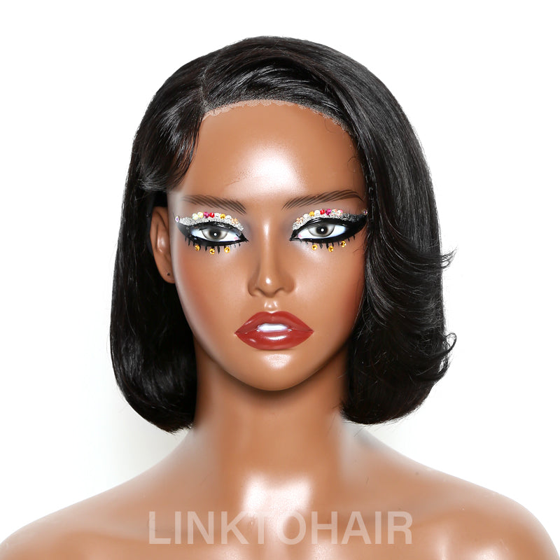 Wear & Go | Short Glueless 3D Cap Straight Bob 5X5 HD Lace Closure Side Part Wig With Bangs