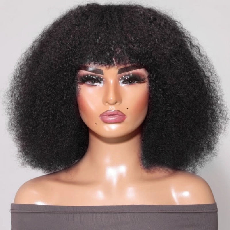 Put On & Go Natural Black Kinky Curly Afro Bob Wig With Bangs