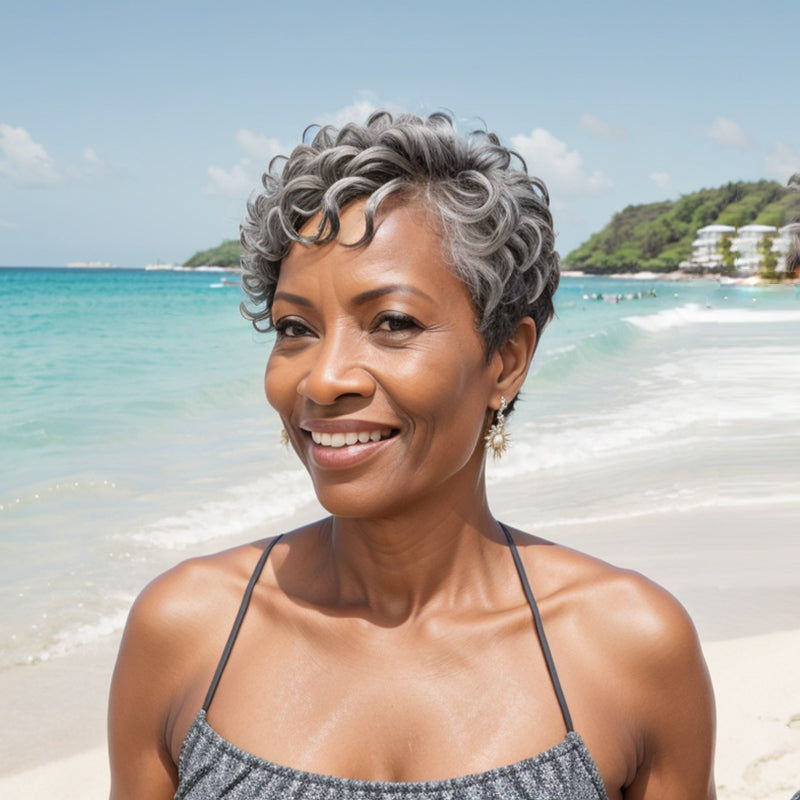 Whole Head Salt And Pepper Short Pixie Cut Glueless Human Hair Wig With Bangs