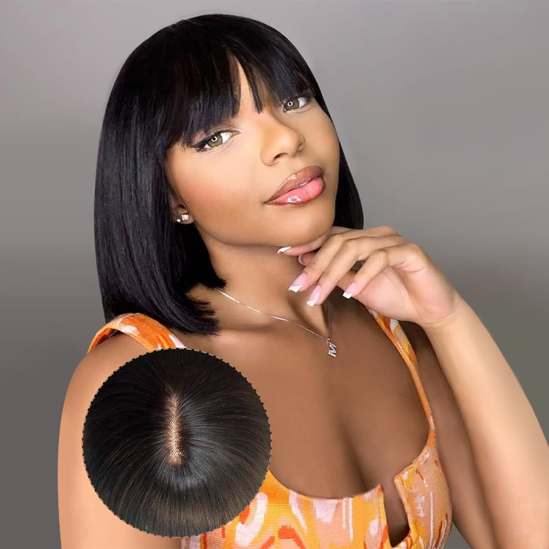 Realistic Glueless Natural Black Yaki Straight Bob With Bangs Wig | 100% Human Hair
