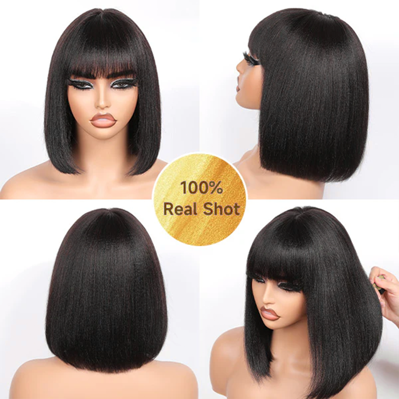 Realistic Glueless Natural Black Yaki Straight Bob With Bangs Wig | 100% Human Hair