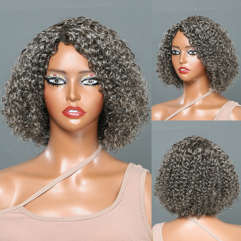 Salt And Pepper Glueless Kinky Curly Bob Wig With Side Part Bangs Human Hair Wigs for Black Women