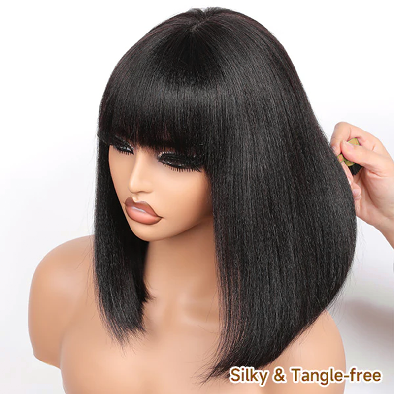 Realistic Glueless Natural Black Yaki Straight Bob With Bangs Wig | 100% Human Hair