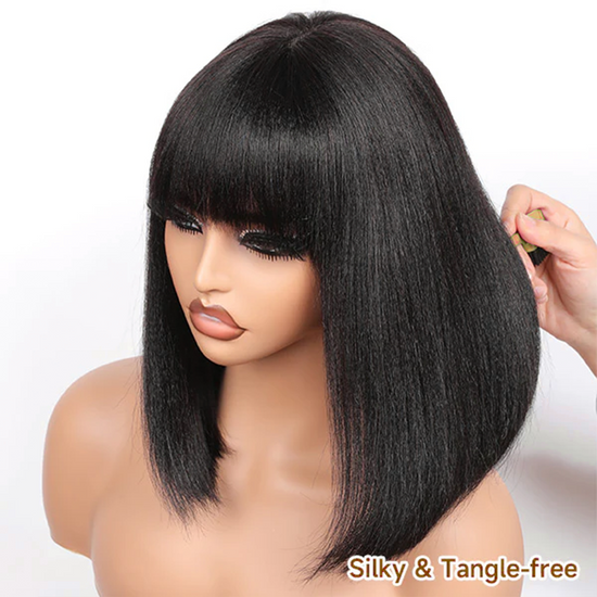 Realistic Glueless Natural Black Yaki Straight Bob With Bangs Wig | 100% Human Hair