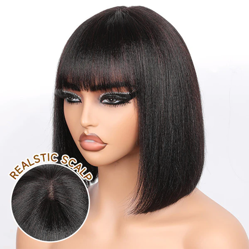Realistic Glueless Natural Black Yaki Straight Bob With Bangs Wig | 100% Human Hair