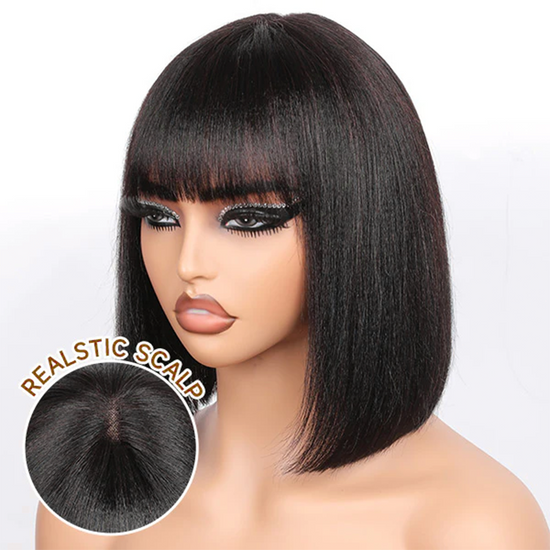 Realistic Glueless Natural Black Yaki Straight Bob With Bangs Wig | 100% Human Hair