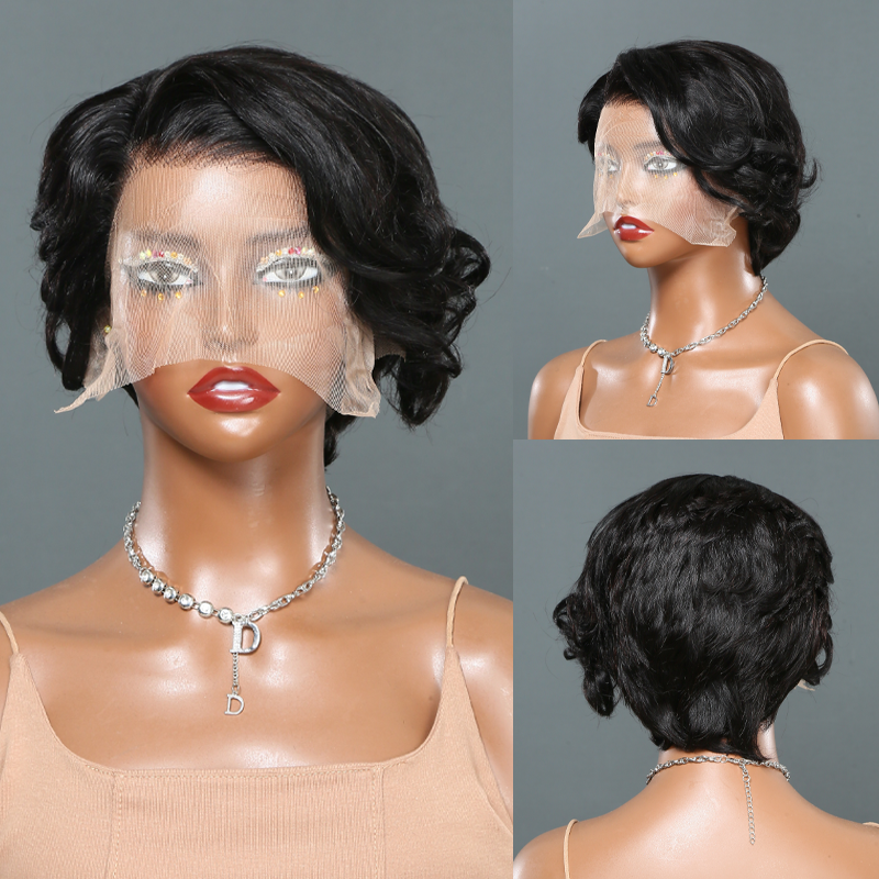 13x4 Frontal Lace Shot Bob Wig Side Part Pixie Cut Human Hair