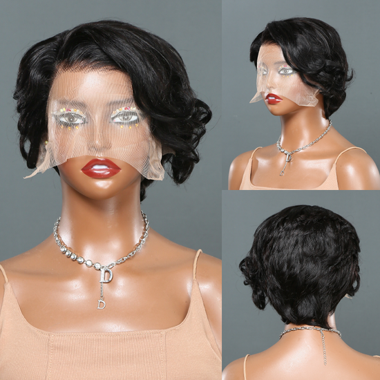 13x4 Frontal Lace Shot Bob Wig Side Part Pixie Cut Human Hair