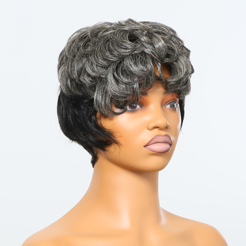 Salt And Pepper Half Black Of Back Edgy Pixie Cuts Wig With Natural Wave Bangs Glueless Human Hair Wigs